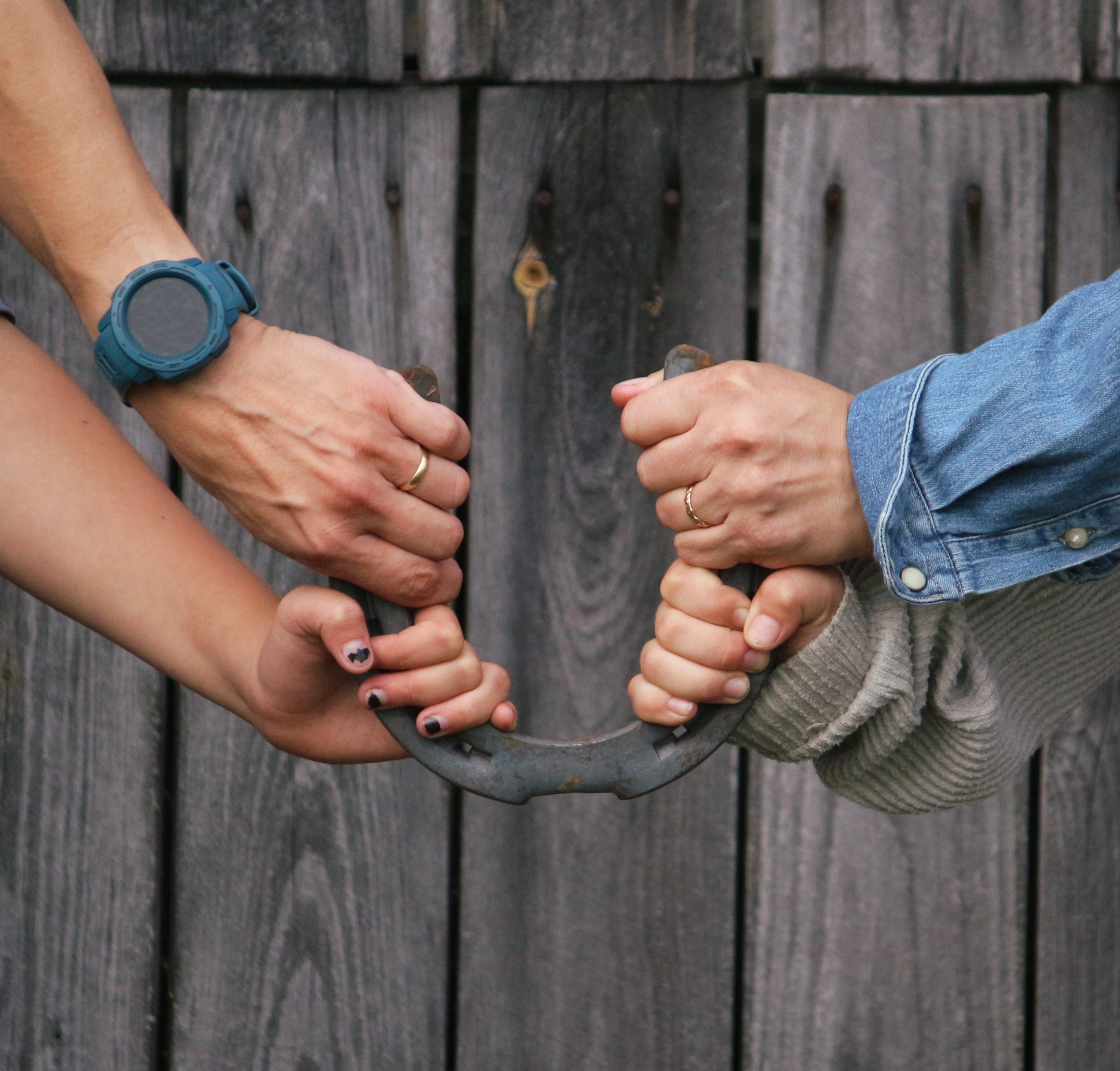 Four hand of different people holding a horseshoe